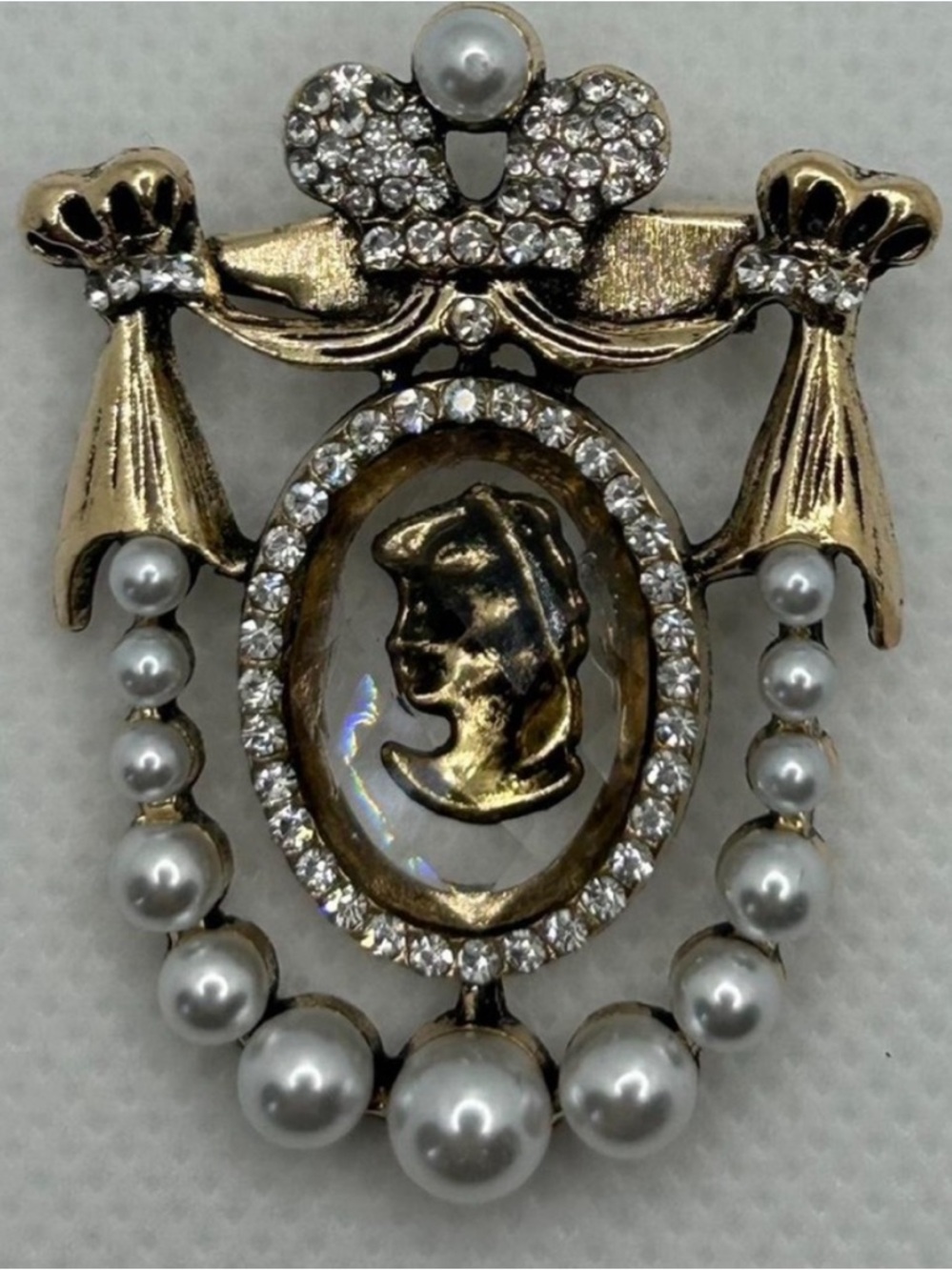 Gold-Tone Pearl Cameo Brooch with Rhinestones
